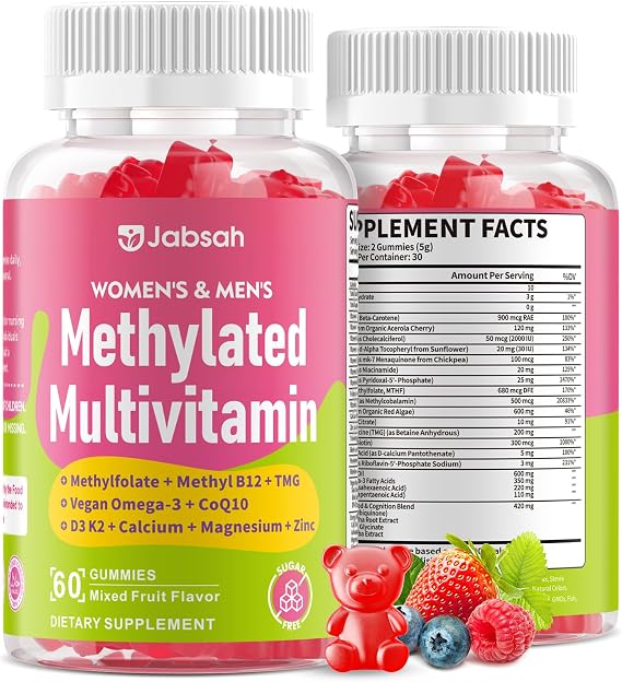 Methylated Vitamin B Complex Gummies for Women & Men, Multivitanins Gummy with Vitamin A, C ,E, Methylfolate & B12, TMG, Calcium, D3 K2, Magnesium & More for Overall Health-Vegan, Sugar Free, 60 Cts