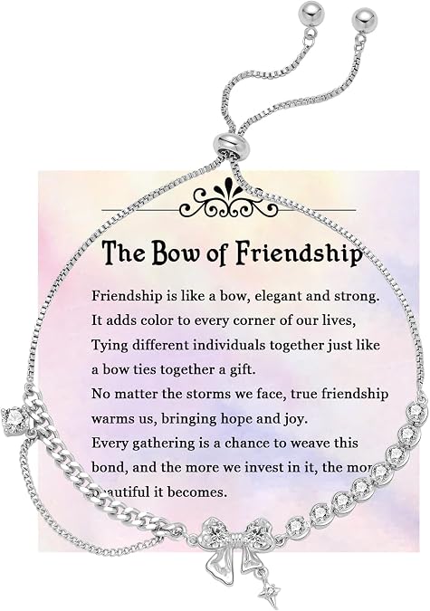 Bow Zircon Bracelet - Friendship Is Like A Bow For Women, Adjustable Ribbon Bow Beaded Chain White Pink CZ Friendship Bracelets To My Best Friend Fashion Gifts Jewelry