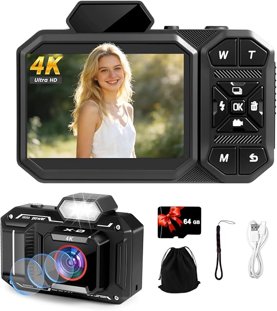 Digital Camera, 4K HD Vlogging Camera for YouTube with 64GB Card, 48MP Autofocus Compact Cameras for Photograhy, Anti-Shake/Date Stamp, Portable Point and Shoot Cam for Teens Beginners Boys Girls 2026
