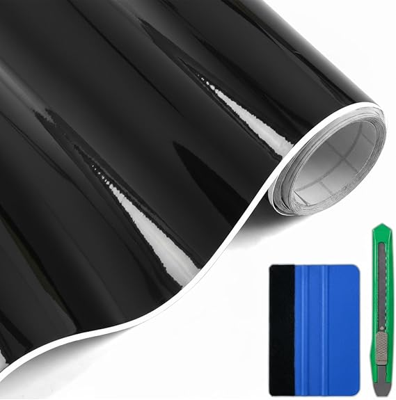 Lypumso Gloss Black Vinyl Wrap, Glossy Black Car Wrap Film Vinyl Roll with Air-Release Technology, Self Adhesive Car Sticker for DIY Automotive Exterior Interior Decals 1ft x 10ft with Tool Kit