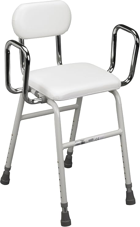 Drive Medical 12455 Adjustable Height Stool with Back and Arms, White | Adjustable Height Stool Includes Back and Arms for Comfortable, Stable Everyday Seating Support, White Finish
