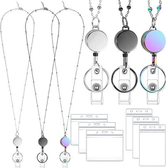 3 Pack Badge Lanyards with Retractable Reel and 6 Id Holders