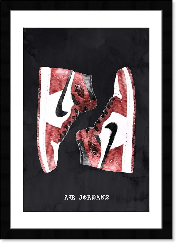 Wynwood Studio Red Basketball Sneakers Wall Art Street Style Home Decor Framed Poster Print Painting 'Classic Sneakers' in Black, Red Air Swoosh Jordans