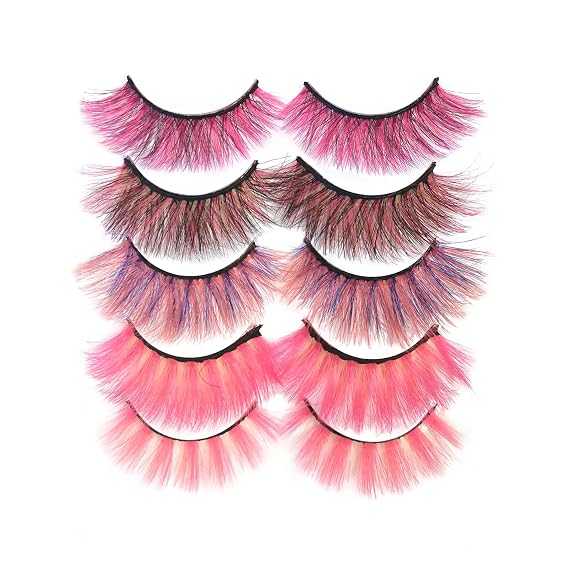 Colored False Lashes 3D Faux Mink Fake Eyelashes Fluffy, Halloween Party Makeup Tools 17-20mm 5 Pairs Colorful Pink Lashes Pack (Red)