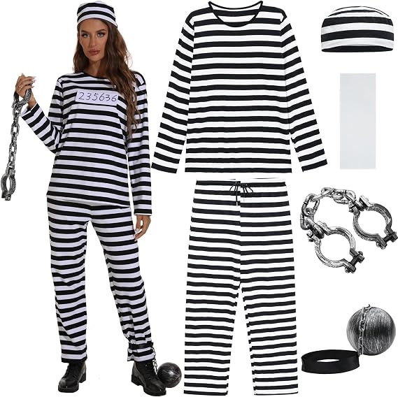 ZeroShop Prisoner Halloween Costume Women, Jail Costume Adult Jumpsuit Convict Jailbird Outfit Shirt Pants