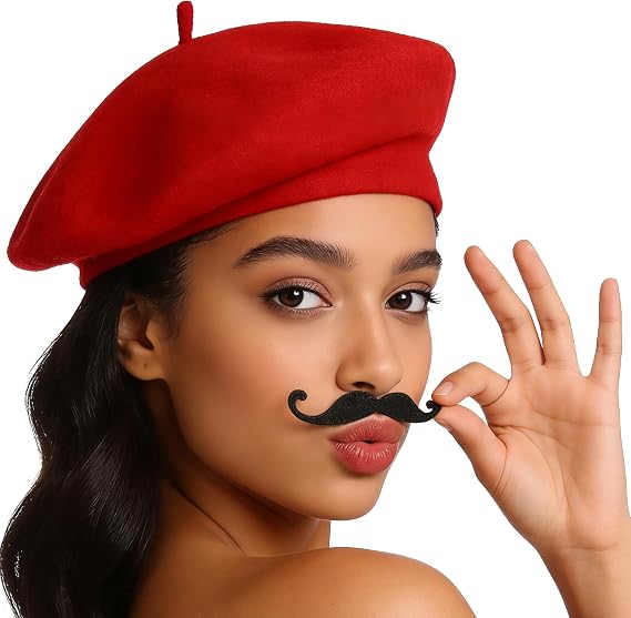 Adult French Beret and Moustache, Mime Artist Fancy Cosplay Cap Halloween