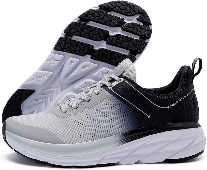 Grand Attack Road Running Shoes for Men with Superior Cushioned Comfort Lightweight Mens Walking Shoes Non-Slip Breathable Athletic Tennis Cross-Training Shoes Rugby Sneakers Black Grey Size 11.5