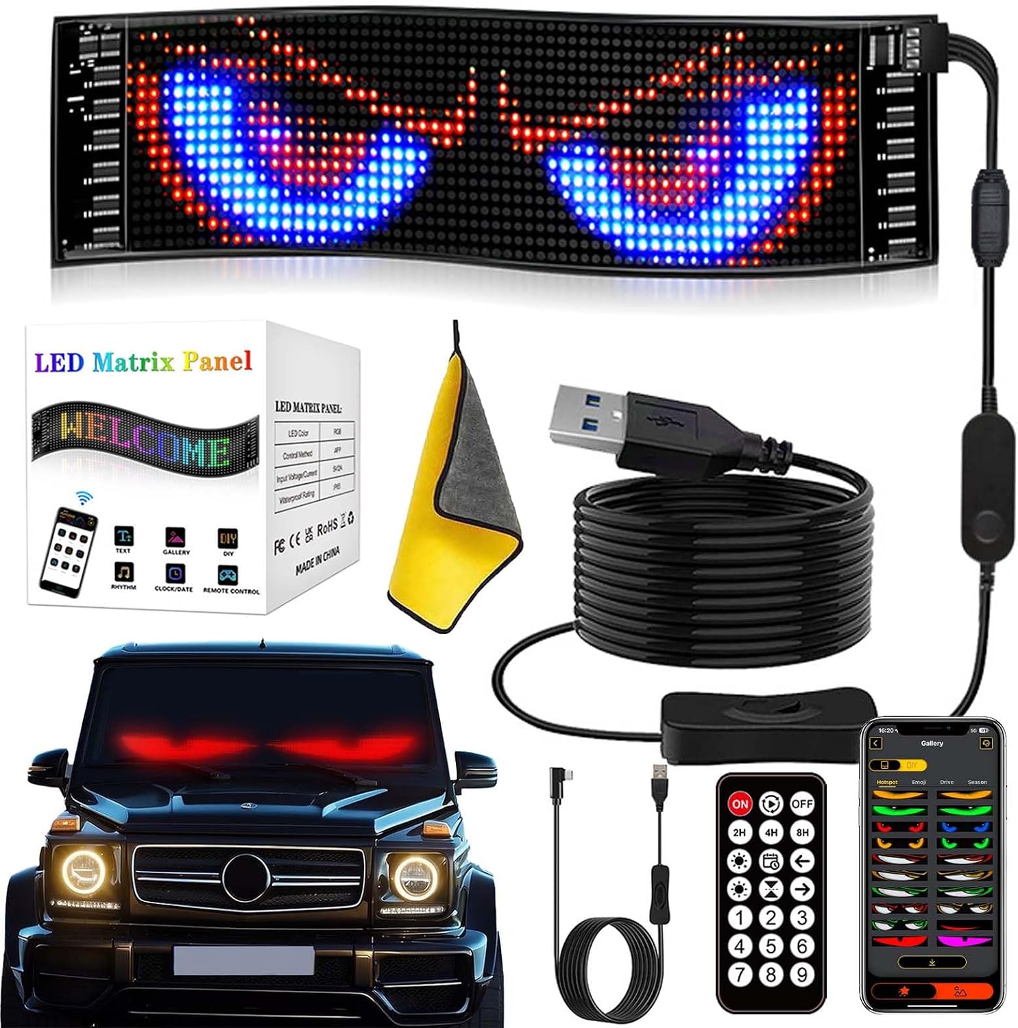 Lightride Devil Eyes, Devil Eyes Light for Windshield, Soft Screen Animated Eyes for Car Windshield, Windshield Light Programmable Dynamic LED Display with App & Controller Single Screen,7  2.76in