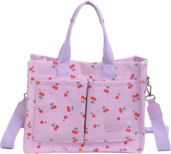 Cherry Tote Bag for Women Canvas Patched Purse Cute Shoulder Bag Multi-Pocket Satchel Handbag for work travel