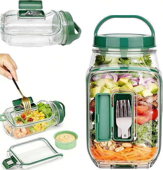 Upgraded Portable Salad Pod Mason Jar Side Open Container,34oz,Green
