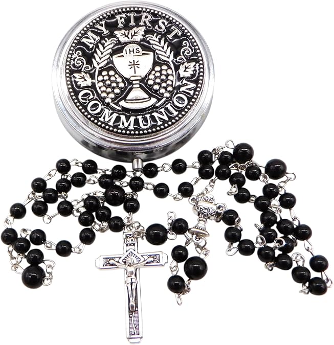 First Communion Black Rosary Crucifix Chalice for Him Protective Metal Case | Durable beaded cord, snap-close keepsake box, great godparent gift, treasured for years, perfect for confirmation as well