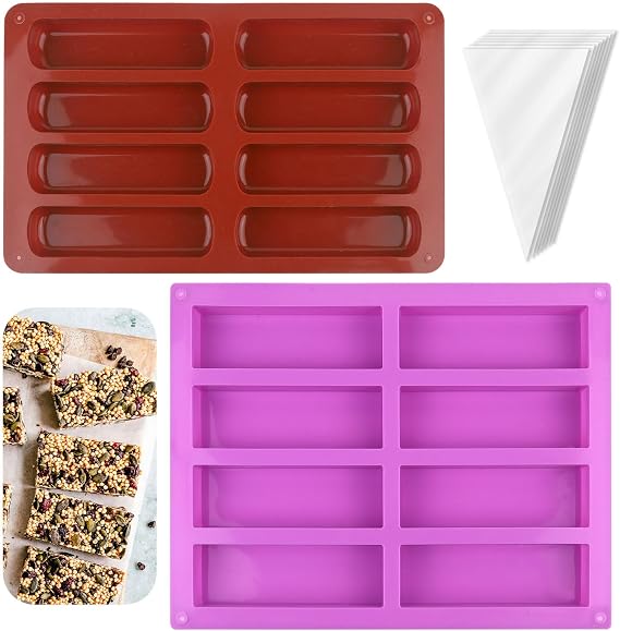 Silicone Granola Bar Moulds, 2 Pack 8-Cavity Rectangle Baking Tray | Includes 50 Piping Bags for Filling Chocolate, Brownie, Cornbread and Handmade Snacks, Oven-Safe, Flexible, Easy Clean