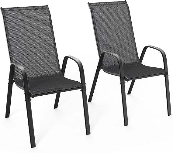 VINGLI Patio Chairs Set of 2, Black | Stackable Outdoor Dining Chairs with Sling High Backs and Armrests for Patio, Poolside, Garden and Balcony