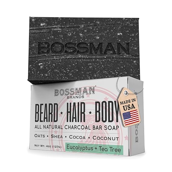 Bossman 4-in-1 Charcoal Soap Bar for Men (4 oz) - Eucalyptus & Tea Tree