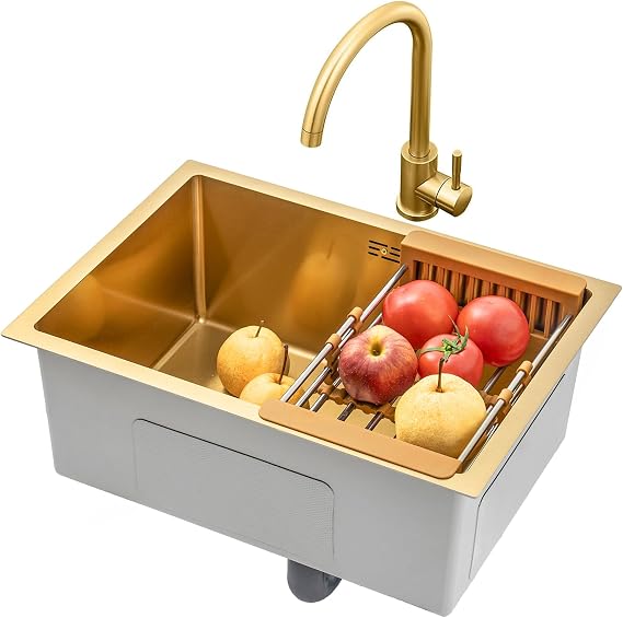 Brushed Gold Single Bowl Stainless Steel Kitchen Sink Square Recessed Or Undercounter Kitchen Sink with Faucet and Drain (Color : Gold, Size : 60×40cm)