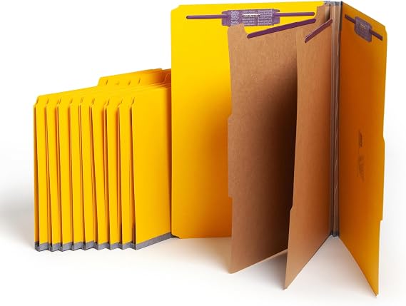 Smead Pressboard Legal Size File Folders with SafeSHIELD Fasteners, 2 Dividers, 2" Expansion, Office Folders, Paper Holder, Yellow, 10 per Box (19034)