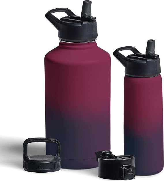FineDine Insulated Water Bottles with Straw - 25 Oz and 64 Oz Stainless Steel Metal Water Bottles W/ 3 Lids - Reusable for Travel, Camping, Bike, Sports - Dreamy Purple