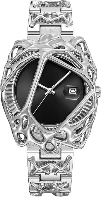 PINTIME Futuristic Gothic Watch for Men Stainless Steel Wristwatch with Unique Claw Skeleton Design, Luminous Hands & Date Display (Black)