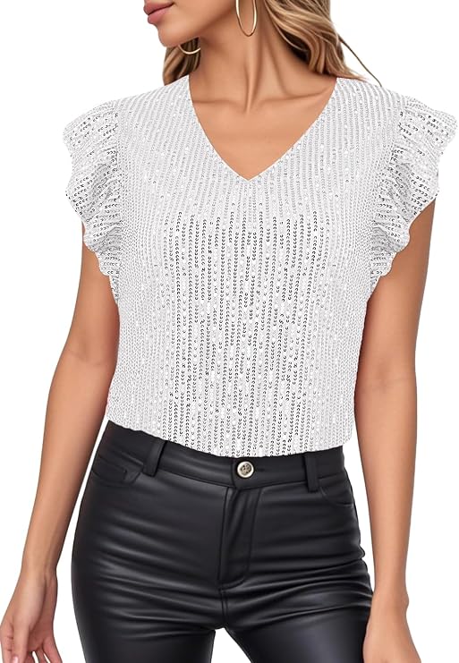 Segreto Women's Shiny Sequin T Shirt Short Sleeve Crew Neck Tee Shirts | Glitter Loose Tops Party Sparkly Blouse for Nightclub