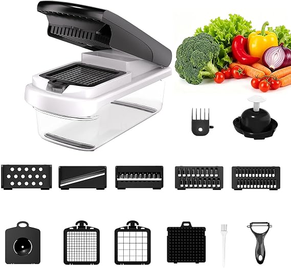 15 In 1 Multifunctional Vegetable Chopper, Manual Food Cutter Dicer Slicer Grater, Onion Potato Tomato Fruit Cutter with Container for Home Kitchen Fast Cutting Prep,Black