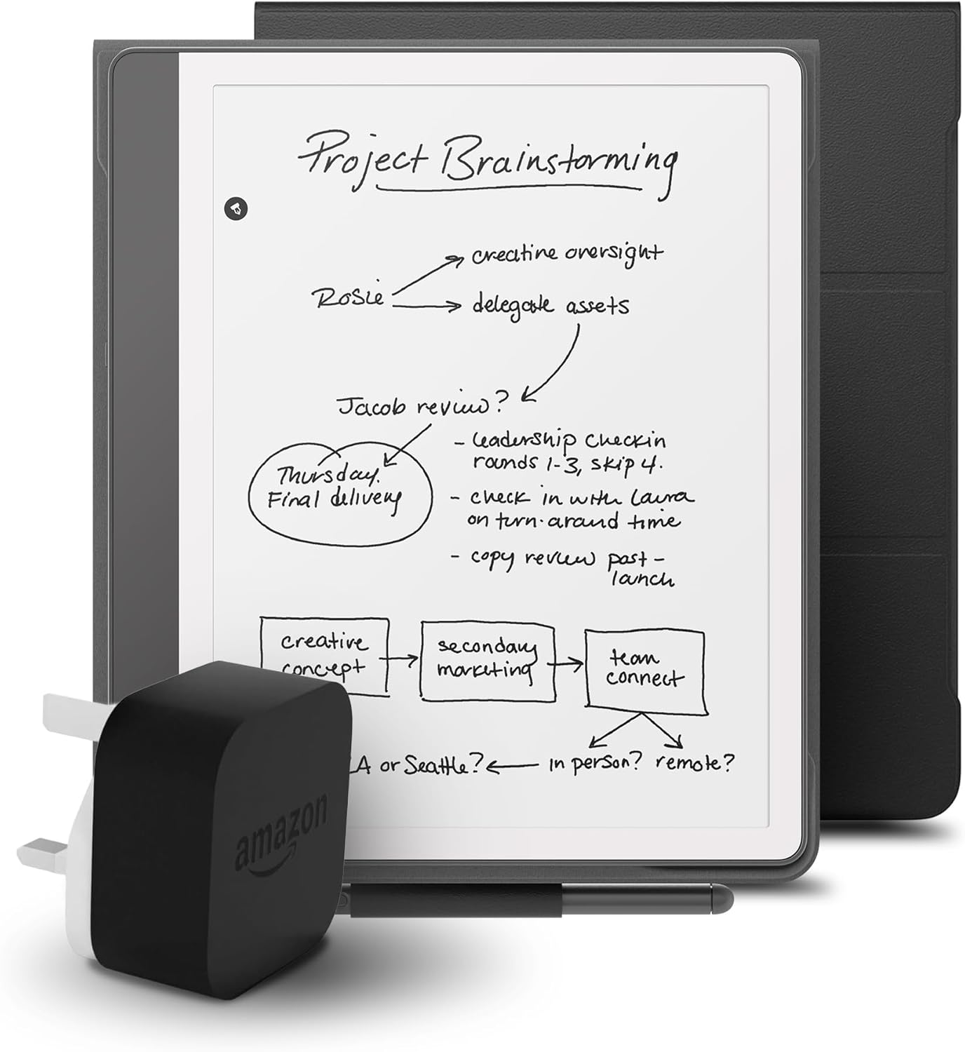Kindle Scribe (2024 Release) 64 GB, an Amazon Premium Leather Cover and an Amazon Powerfast 9W Power Adapter
