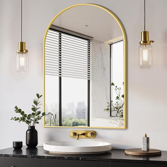 Delma Arched Bathroom Mirror, 24"x36", Gold