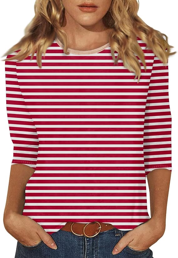 slqdgmryz 3/4 Length Sleeve Womens Tops Striped Casual Crew Neck T Shirts Loose Fit Color Block Business Dressy Blouses