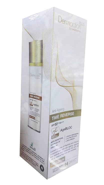 by Watsons Anti-Ageing Time Reverse SPF 50 PA Day Lotion. With beneficial complex of Agebloc. Quick absorbing, UV protection, Non greasy. 50 mlpack