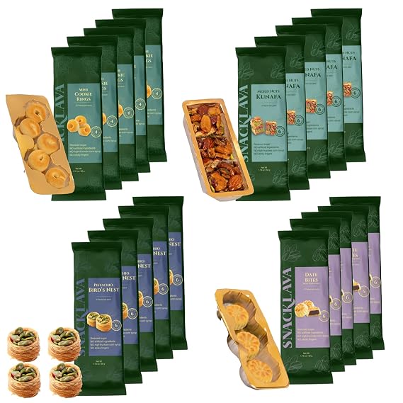 Snacklava Crunch & Melt Variety Pack of 20 (100 Pieces) Handmade Pastries | Pistachio Bird's Nest, Mini Cookie Rings, Mixed Nut Kunafa, Date Bites - No Artificial Ingredients, Preservatives or Colors