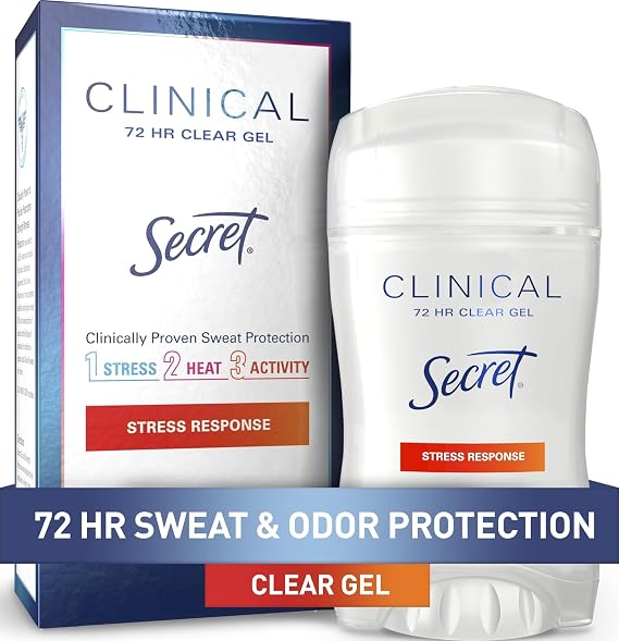 Secret Clinical Strength Antiperspirant Deodorant for Women, Stress Response, 3X Stress Protection, 72hr Sweat & Odor Protection, PH Balancing Minerals, Clear Gel, 1.6 oz