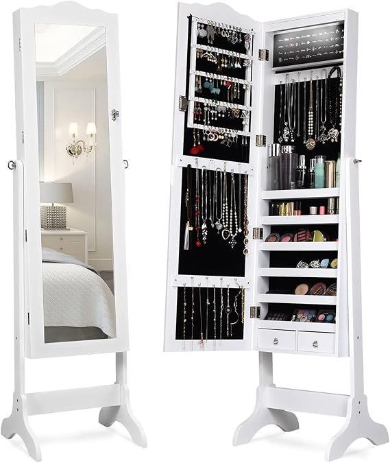GIANTEX Jewelry Armoire Organizer with Full Length Mirror, 14 LEDs Floor Standing Jewelry Cabinet with 2 Drawers, 4 Adjustable Angles, Lockable Jewelry Storage Box Cabinet (White)