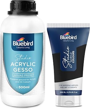 BLUEBIRD Studio Acrylic Gesso - 17 Fl Oz / 500ML + Studio Acrylic Paint Tube - Black 6.76 Fl Oz / 200ML