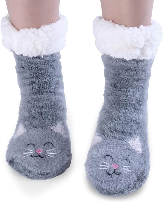 Jeasona Womens Fuzzy Slipper Socks With Grippers Cozy Warm Cute Animal Gifts