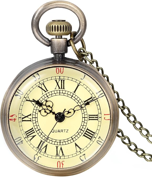 JewelryWe Retro Pocket Watch Vintage Roman Numerals Dial Quartz Transparent Glass Lid Pocket Watch Classic Necklace Pendant for Father's Day
