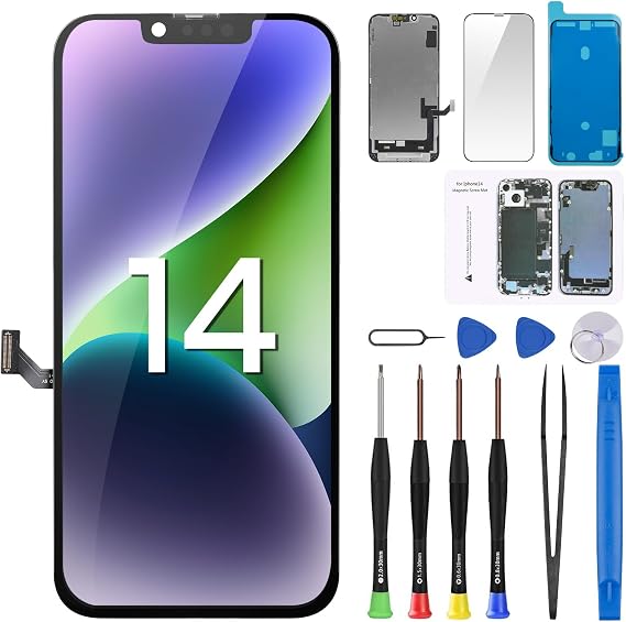 Screen Replacement for iPhone 14 6.1" LCD Repair Fix Tools Kit | Display Digitizer 3D Touch Waterproof Adhesive Sticker Magnetic Screw Mat Full Assembly A2882 A2649 A2881 A2884 A2883