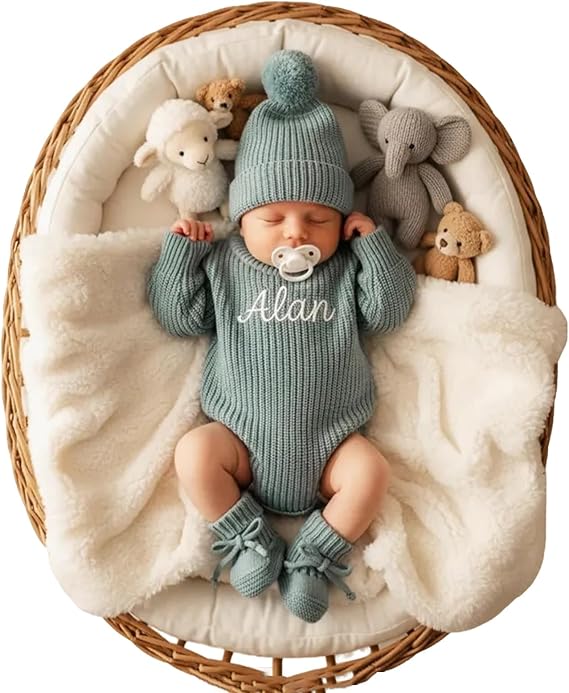 Personalized Embroidered Baby Romper Set Cotton Newborn Coming Home Outfit Knit Sweater Gender Neutral Gift