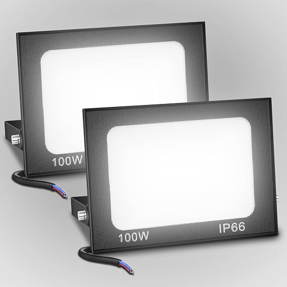 Security Light 100W, 2 Pack LED Floodlight 10000lm, IP66 Flood Lights Outdoor with [Wove Glass], 5000K Daylight White Outside Light with 29.52ft Cable, Super Bright Spot Lights for Warehouse [Energy Class F]
