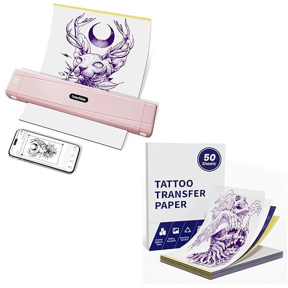 TATTMUSE Pink Tattoo Printer with 60pcs Transfer Papers, Wireless Thermal Tattoo Transfer Printer for Skin