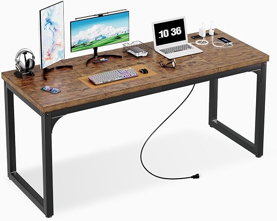 Computer Desk with Power Outlets, 63 x 24 Inch, Rustic Brown