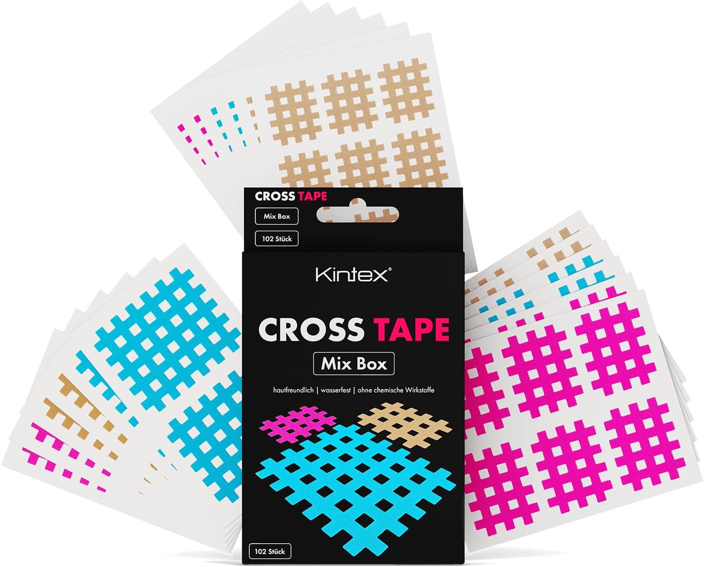 Kintex Cross-Tape Mix-Box 102 Plasters Mixed (Beige, Blue, Pink) Acupuncture Trigger Grid Plaster Grid Tape Set of 3 Sizes - Type A, B, C