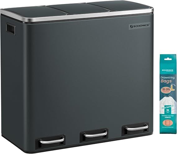 SONGMICS Kitchen Bin, 3 x 18 L Recycling Bin, 3 Compartment Rubbish Bin for Recycling and Waste, 15 Liners Included, Soft-Close Lids, Pedals, Inner Buckets, Steel, Greenish Grey LTB54GS