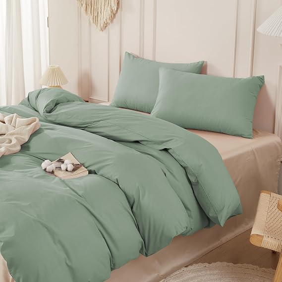 SAPHREAS Sage Green Duvet Cover Set 100% Washed Cotton King Size 3Pcs 8 Corner Ties Modern Solid Bedding Soft 1 Duvet Cover with Zipper 2 Pillow Shams, Comforter Not Included 