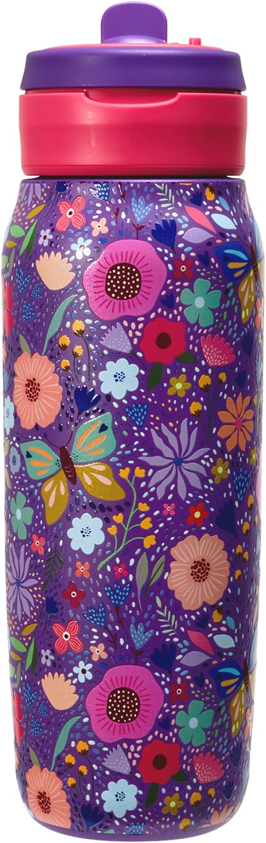 Mayim 20oz Insulated Stainless Steel Water Bottle with Removable Straw, Leakproof Lid & Oversized Carry Loop, Cup Holder Friendly (Violet Flutter)
