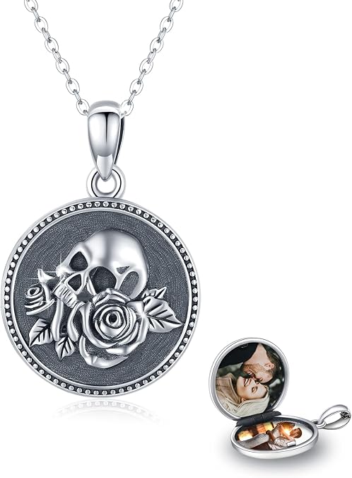Skull/God Zeus/Raphael Necklace 925 Sterling Silver Goth Punk Skull Locket Necklace That Holds Pictures,Greek Myths Greek Amulet Jewelry Birthday Gift for Men Boys