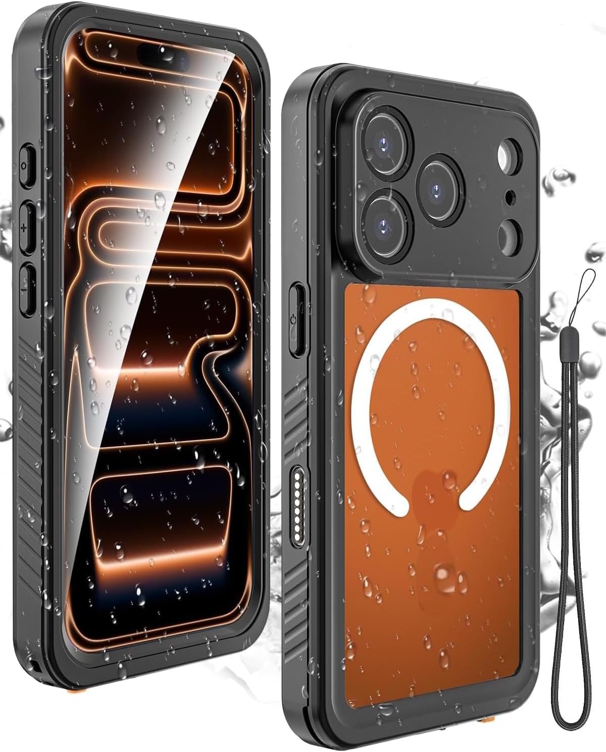 iPhone 17 Pro Max ile Uyumlu Su Geçirmez 360° Tam Darbe Korumalı MagSafe Şarj Destekli El Askılı Kılıf, Siyah