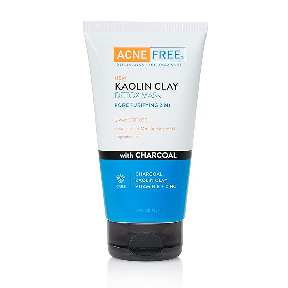Acne Free Kaolin Clay Detox Mask 5oz with Charcoal, Kaolin Clay, Vitamin E  Zinc, Cleanser or Mask for Oily Skin, To Deeply Clean Pores and Refine Skin