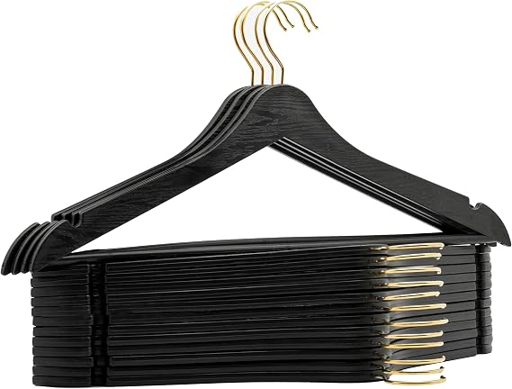 Arch 24 Adet Siyah Ahşap Görünümlü Plastik Askı Kıyafet Elbise Gömlek Askısı Gold Kancalı