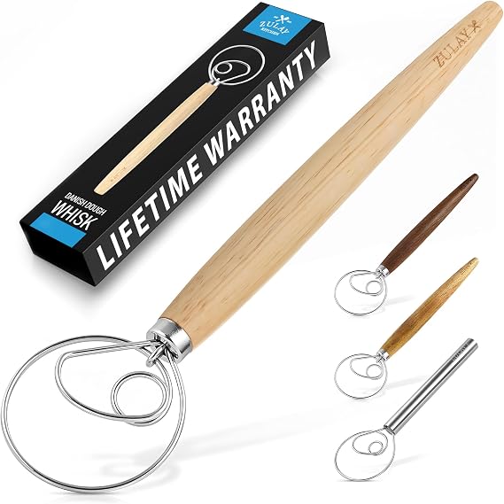 Zulay Kitchen 13-Inch Danish Dough Whisk - Stainless Steel Wooden Whisk with Dough Hook - Sourdough Whisk for Bread, Pizza, Pastry, Cake Batter & More - Wood | Stainless Steel Wooden Whisk with Dough Hook - Sourdough Whisk for Bread, Pizza, Pastry, Cake Batter & More - Wood