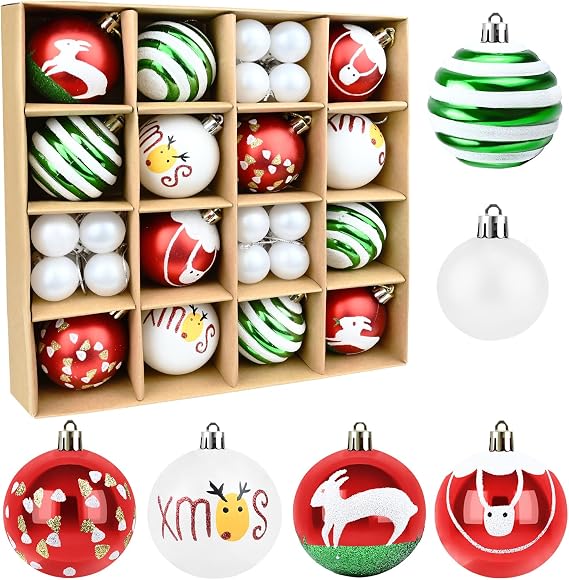 Christmas Ornaments Balls - 37ct Christmas Balls Include 13ct 2.36inch & 24ct 1.18inch Ball, Red Green White Xmax Tree Decorations Hanging Ball for Holiday Xmas Wedding Party Decor