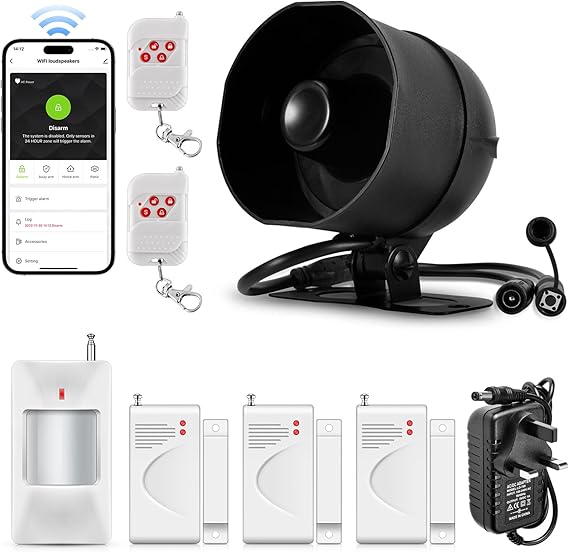 Wifi Wireless Security Burglar Door Alarm System Kit for Garage Shed House Hotel Shop Apartment, Weatherproof Siren Horn with Remote Control Door Contact Sensor,Motion Sensor,APP Remote Control